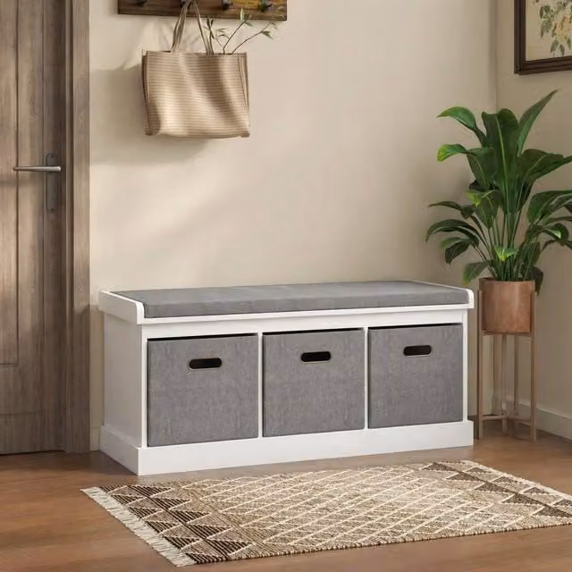 STILVORA Shoe Storage Bench with 3 Drawers and Padded Fabric Seat in White – 1