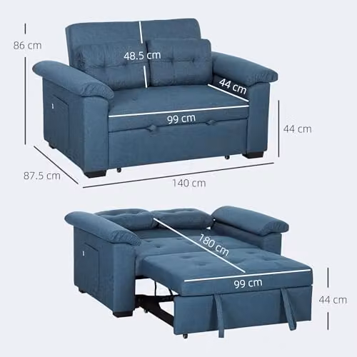 HOMCOM 2 Seater Click Clack Fabric Sofa Bed in Blue – 3