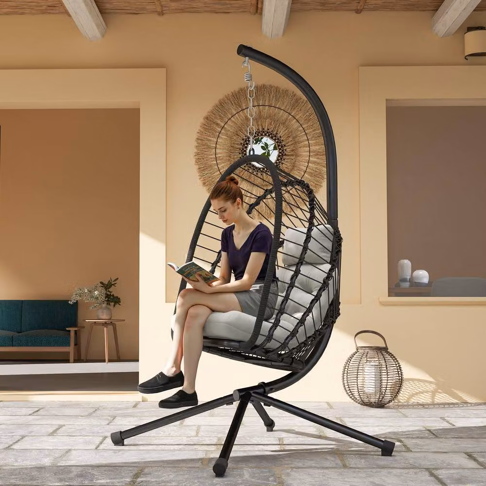 ERGOVEXA Black PE Rattan Egg Swing Chair with Cushions and Powder Coated Steel Frame for Garden and Outdoor Use – 4