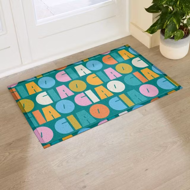 Artsy Mats Elizabeth Olwen Ciao Pattern Indoor/Outdoor Doormat in Petrol Blue, W: 90 cm, D: 60 cm – 1