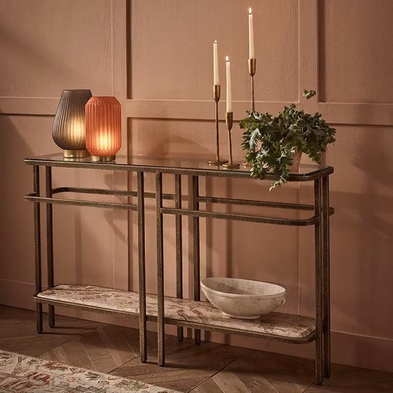 Atkin & Thyme Austin Console Table in Brown, Beige and Gold with Glass Top, W/D/H: 130 x 30 x 75 cm