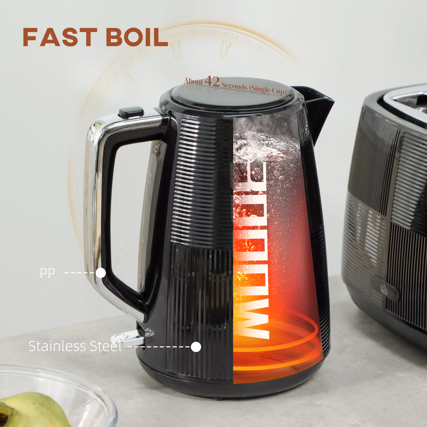 HOMCOM Kettle and Toaster Set in Black, including 1.7L Fast Boil Kettle and 2 Slice Toaster – 3