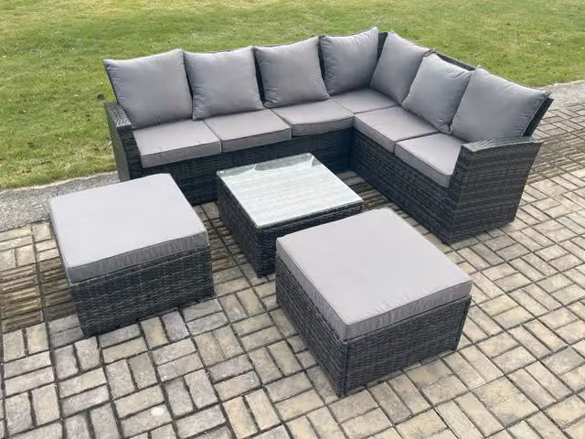 Fimous 8 Seater Dark Grey Rattan Corner Sofa Set with 2 Ottomans and Coffee Table