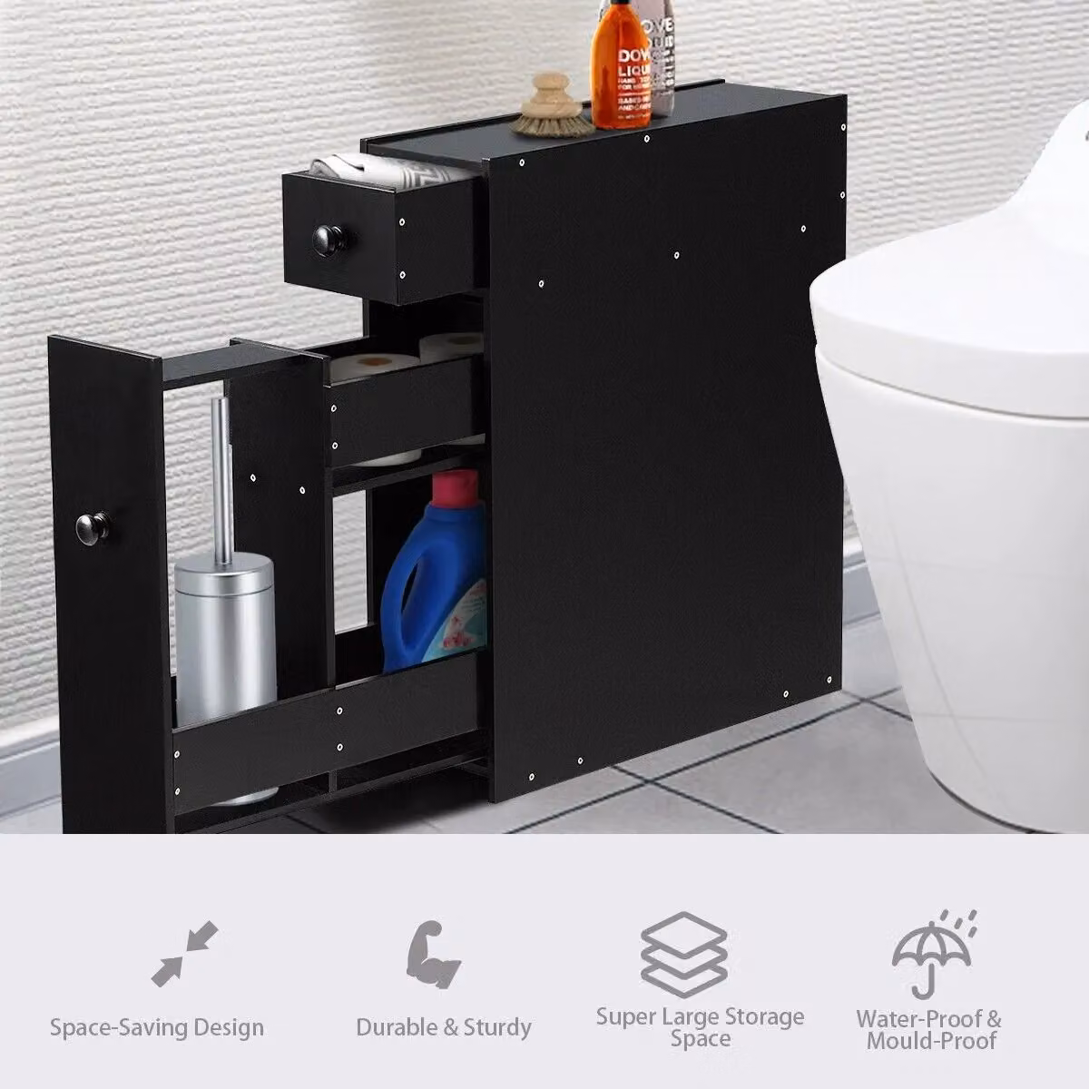 Gymax Slim Black Matt Floor Cabinet with Drawer and Hinged Doors – 7