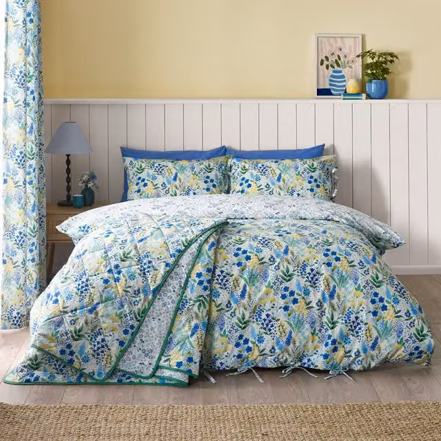 Catherine Lansfield Tilly Floral Reversible Duvet Cover and Pillowcase Set, Blue, W/D/H: 200 x 200 cm