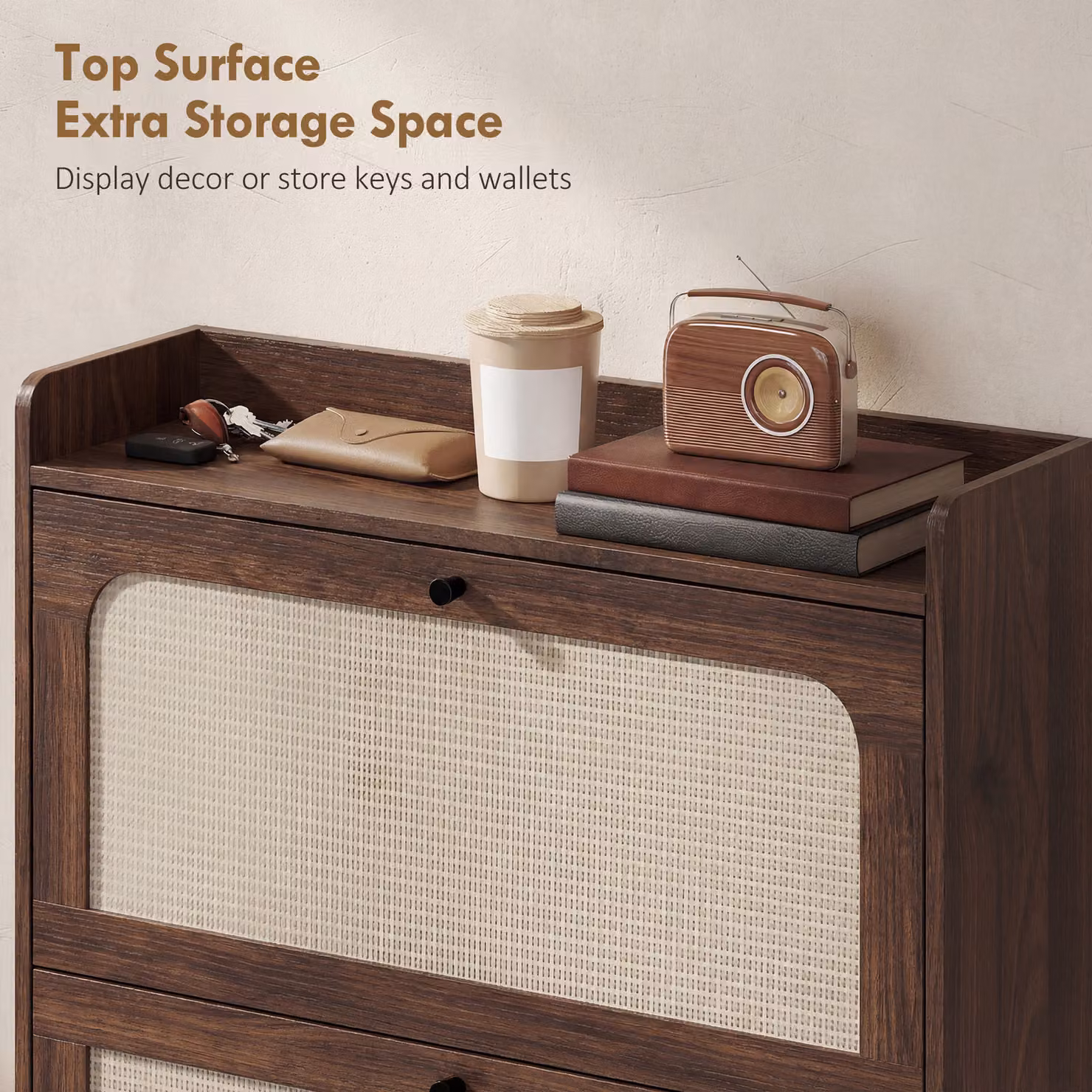 HOMCOM Boho Narrow Shoe Storage Cabinet with 2 Rattan Flip Drawers, Brown – 6