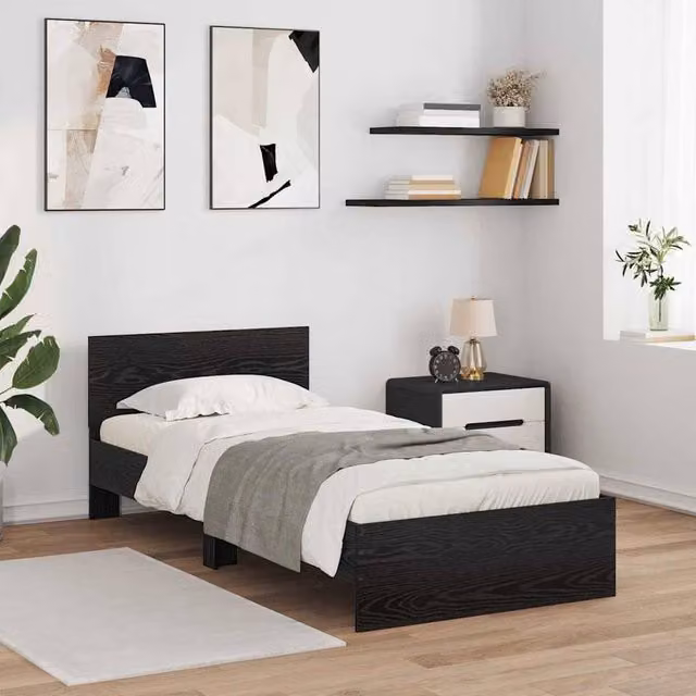 Berkfield Home Modern Bed Frame with Headboard and Under-Bed Lighting in Black Oak, W/D/H: 100 x 200 cm, Engineered Wood – 1