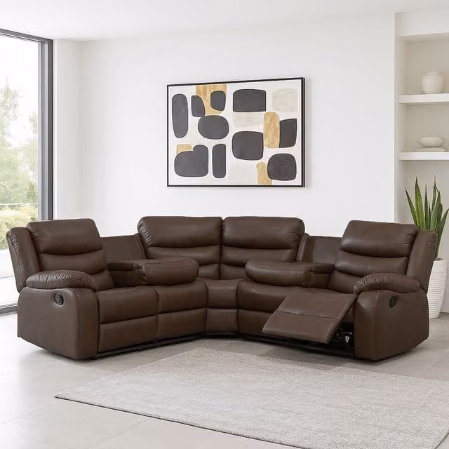 Furnishings For Less UK Minnesota 5 Seater Manual Reclining Corner Sofa in Brown Synthetic Leather with Cup Holders – 1