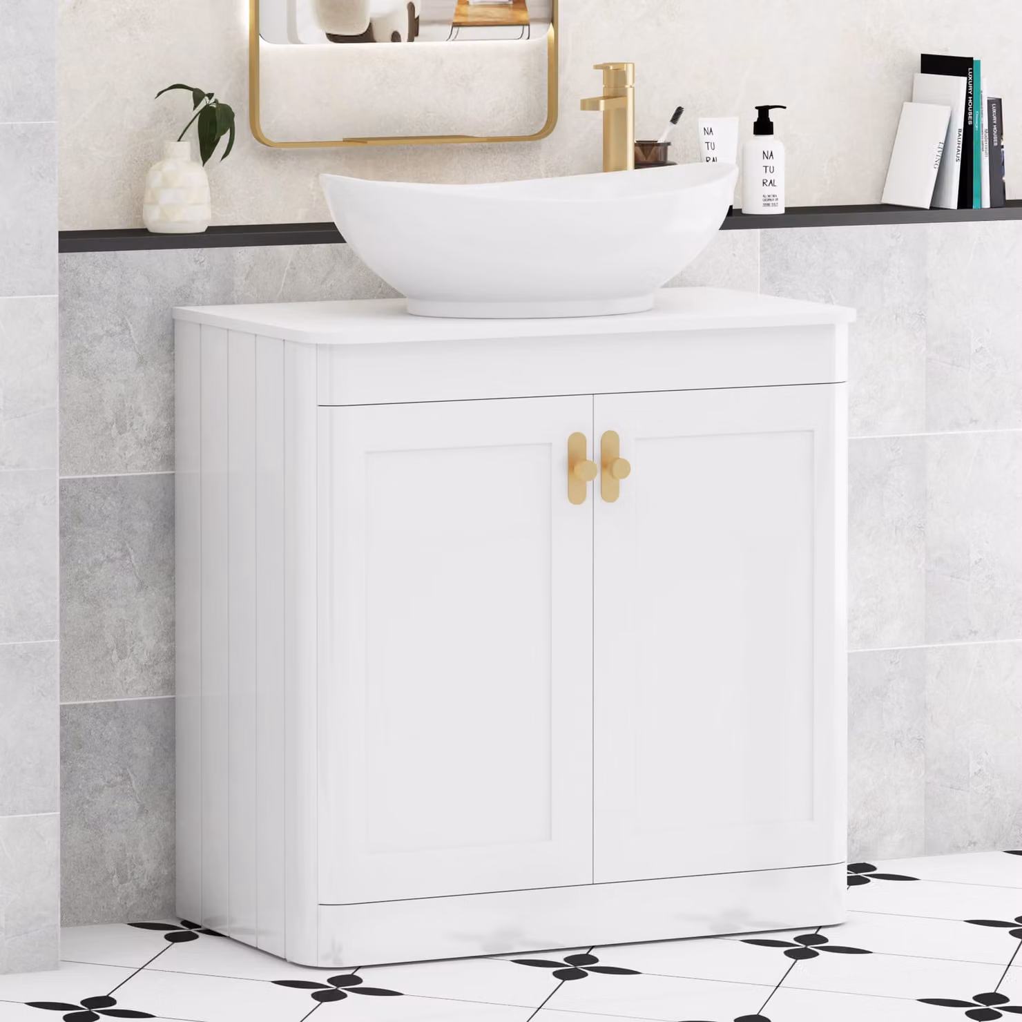 Royal Bathrooms Henley 800mm Gloss White Floor Standing 2 Door Vanity Unit with Amaze Basin and Brushed Brass Knob