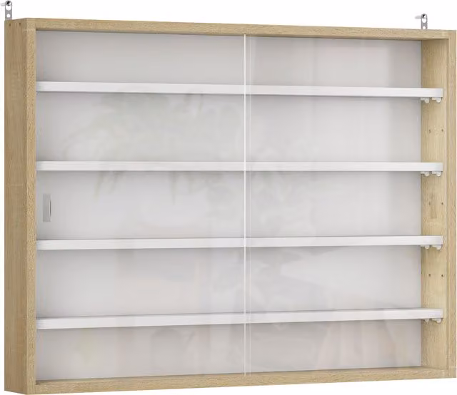 HOMCOM 5-Tier Wall Mounted Display Shelf Unit with Glass Doors and 4 Adjustable Shelves in Natural Brown, W: 80 cm, H: 60 cm, D: 60 cm