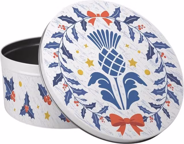 Purely Home Round Scottish Thistle Christmas Cake Tin in Multicoloured Blue and White