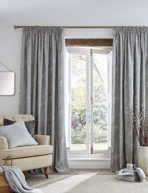 Laura Ashley Pussy Willow Floral Pure Cotton Pencil Pleat Thermal Insulating Curtains, Grey, H: 168 cm, W: 137 cm