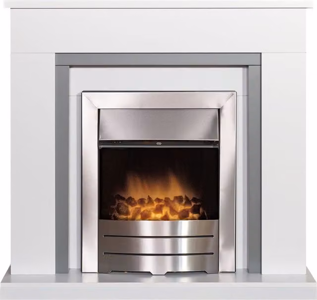 Adam Fires & Fireplaces Milan Fireplace in Pure White and Grey with Colorado Electric Fire in Brushed Steel, 39 Inch – 1