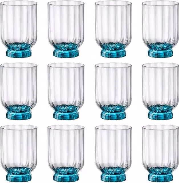 Bormioli Rocco Florian Blue Geometric Double Whisky Tumbler Glasses, 375 ml, Set of 12