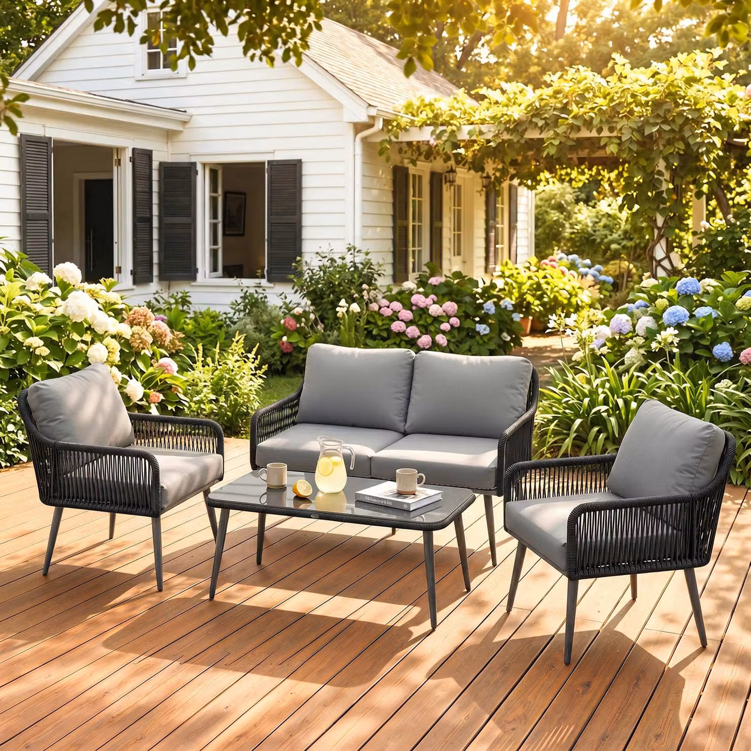 Outsunny 4 Piece Grey Rattan Garden Furniture Set with Tempered Glass Table and Powder Coated Steel Frame – 2