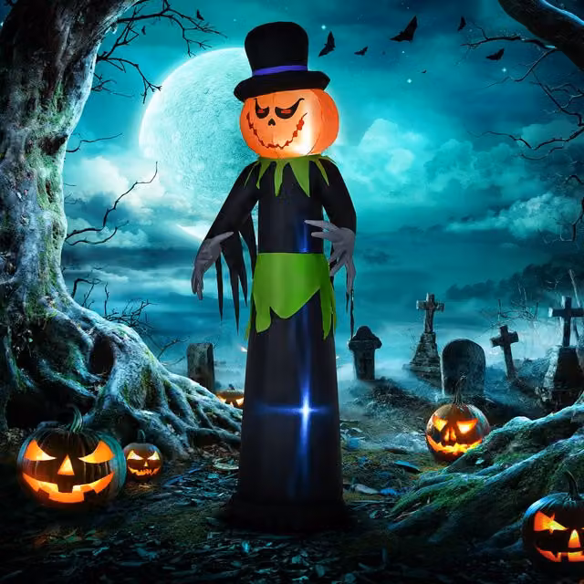OUTSUNNY 8ft Tall Halloween Inflatable Pumpkin Ghost in a Hat Decoration, Black