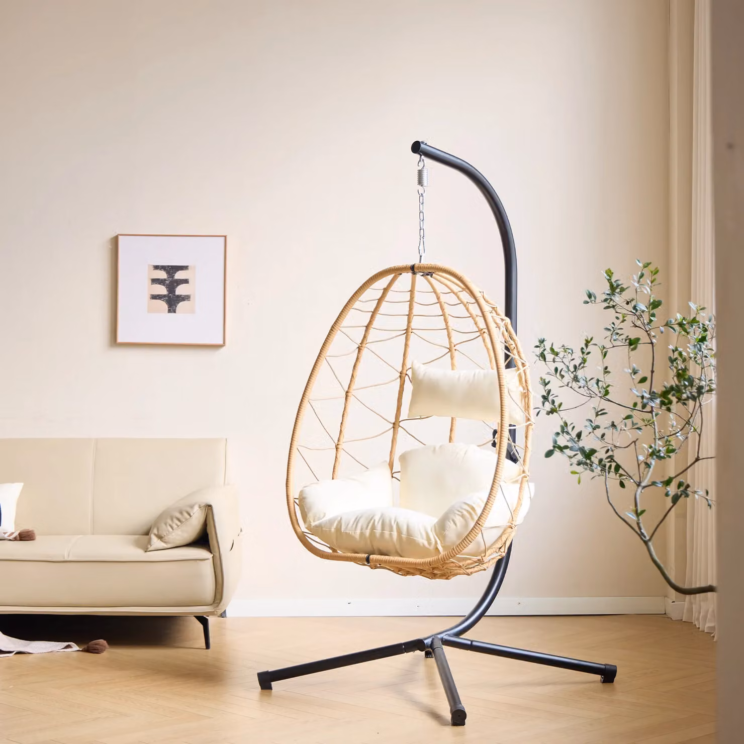 Nordlys Scandinavian Hanging Armchair in Brown Rattan and Black Metal – 3