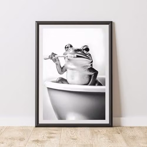 60 Second Makeover Frog Brushing Teeth Animal Print Paper Poster, A3, Multicolour