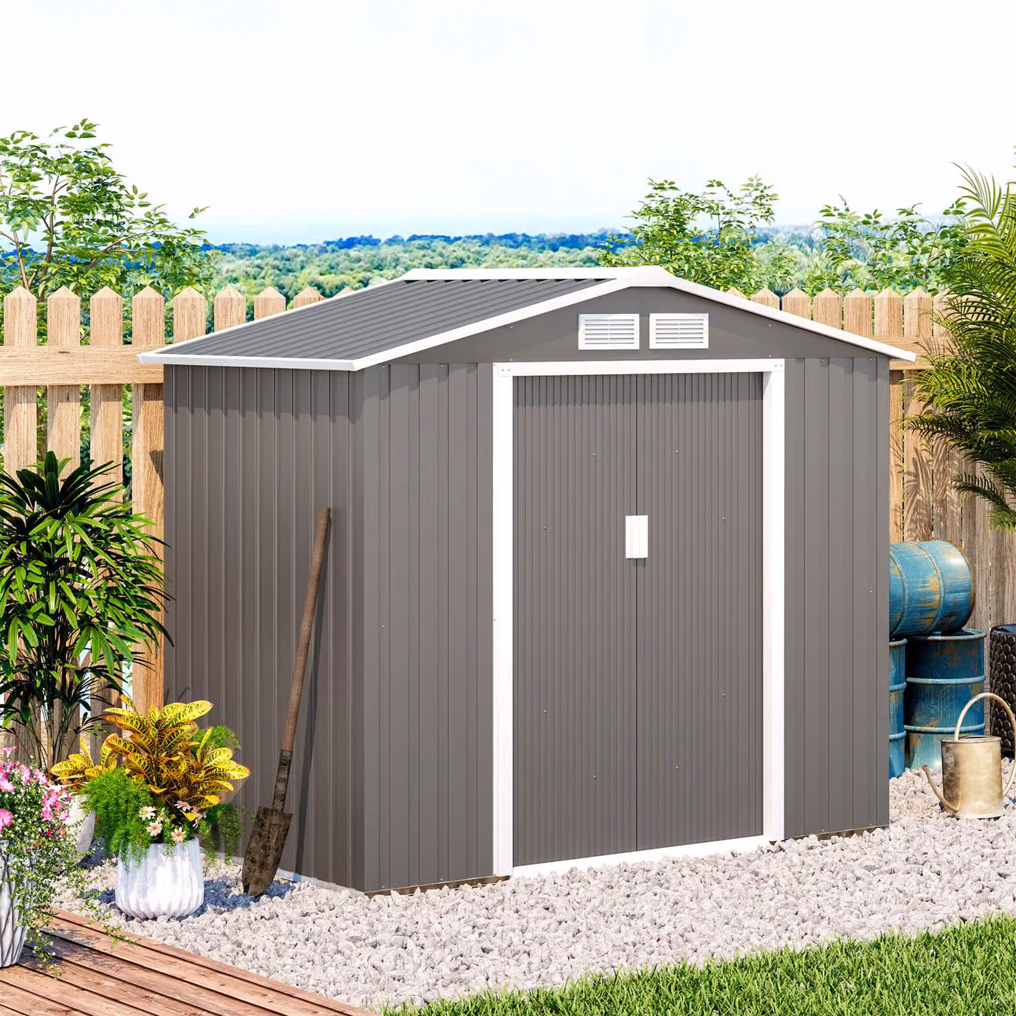 Outsunny Lockable Metal Garden Storage Shed with Air Vents, Steel Grey, W/D/H: 127 x 127 x 185 cm – 2