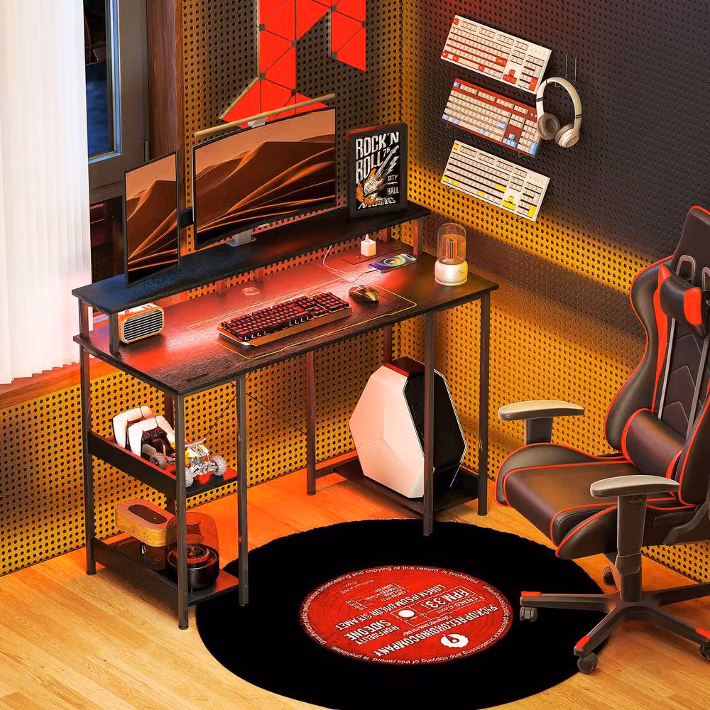 Rolipo Modern LED Computer Desk with Power Outlets and Shelves in Black – 3