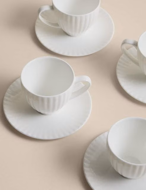 M&S Set of 4 Hampton Fluted Bone China Tea Cups in White