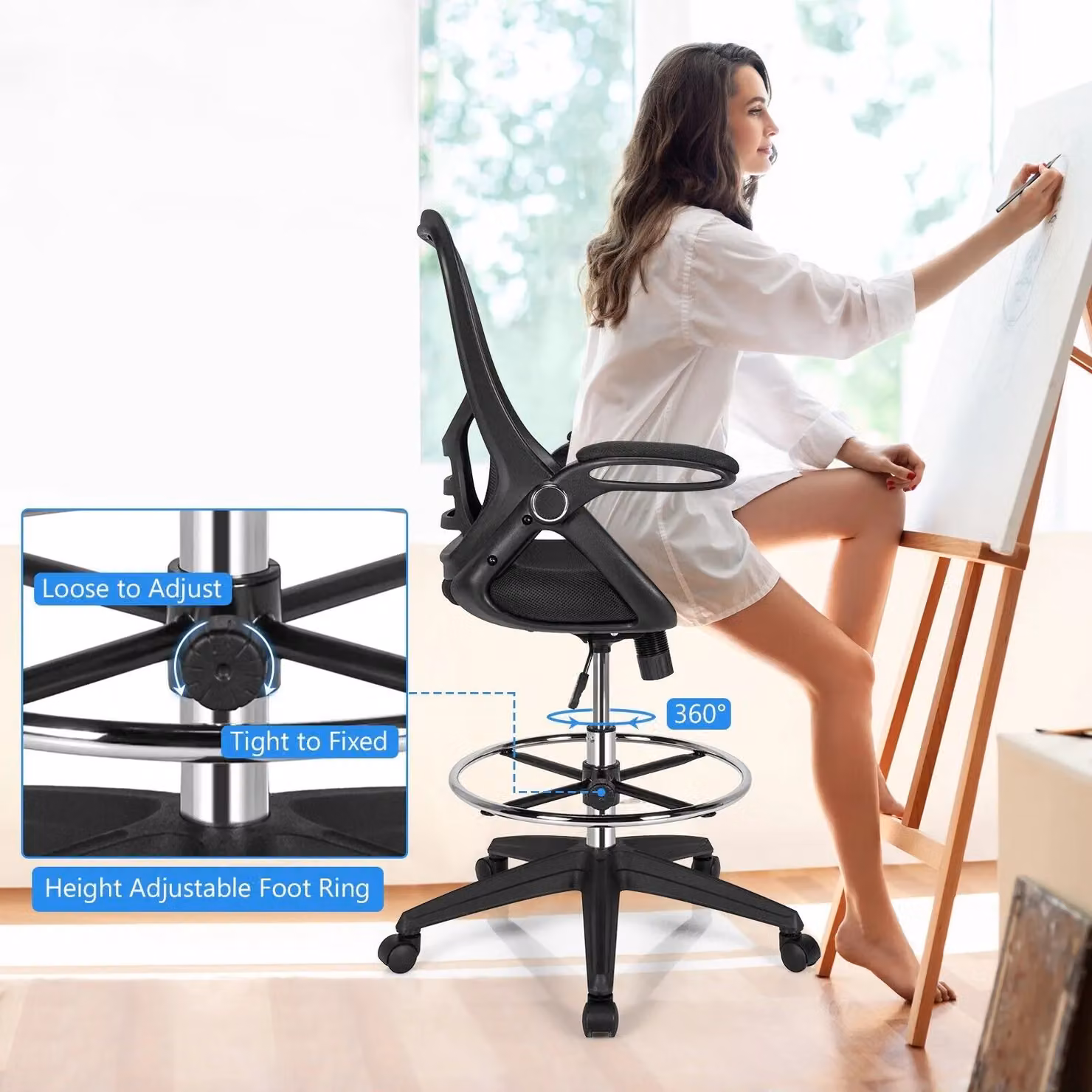 Costway Ergonomic Mid-Back Swivel Drafting Chair with Armrests and Foot Ring in Black – 5