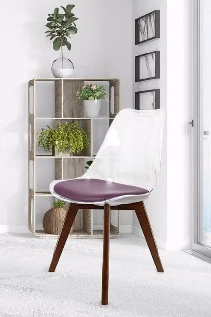 Fusion Living Soho Clear Plastic Dining Chair with Dark Wood Legs in Aubergine