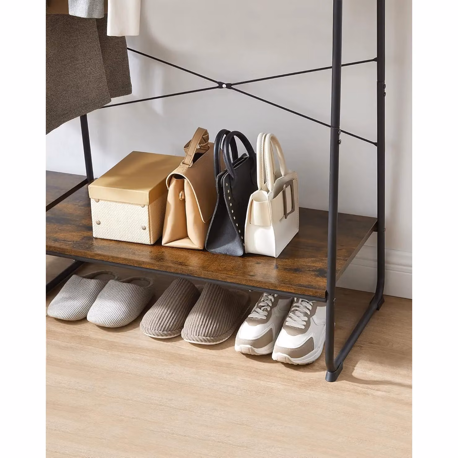 VASAGLE Industrial Clothes Rack with Shoe Storage and Side Hooks in Brown, H 160 x W 60 x D 45 cm – 3