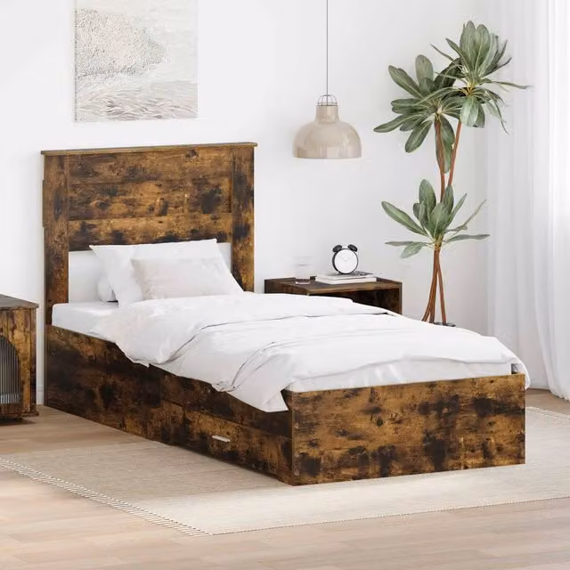 Berkfield Home Modern Bed Frame in Smoked Oak and Silver, W: 75 cm, L: 190 cm – 1