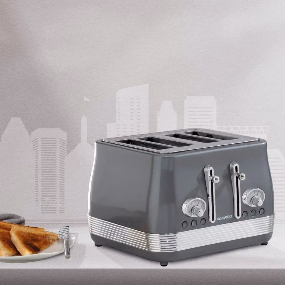 Daewoo Denver Retro 4 Slice Wide Slot Toaster in Mid Grey Stainless Steel – 3