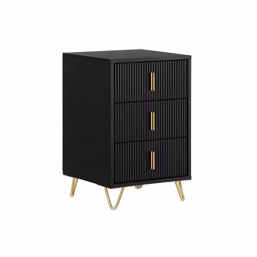 SoBuy Set of 2 Black Bedside Tables with 3 Drawers, Ribbed Front and Gold Legs, H63 x W40 x D40 cm – 2