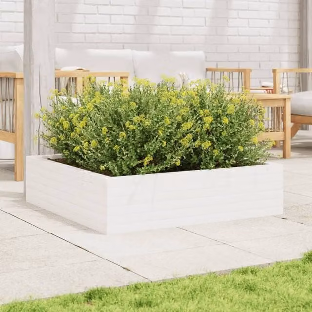 Berkfield Home Decorative White Ornamental Garden Planter Tub in Solid Wood, W/D/H: 90 x 90 x 23 cm