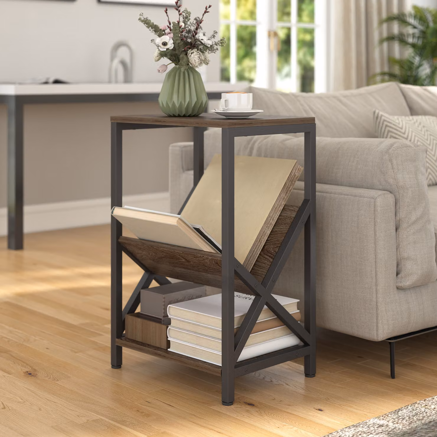 HOMCOM Narrow Side Table with 3-Tier Storage and V-Shaped Magazine Holder, Brown and Black, W/D/H: 40 x 30 x 61 cm – 2