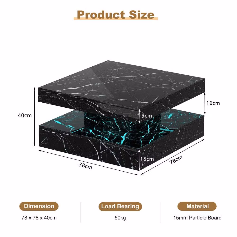 KEEPREAPER Modern Square Coffee Table with Storage and LED Light in Black Marble Finish – 5