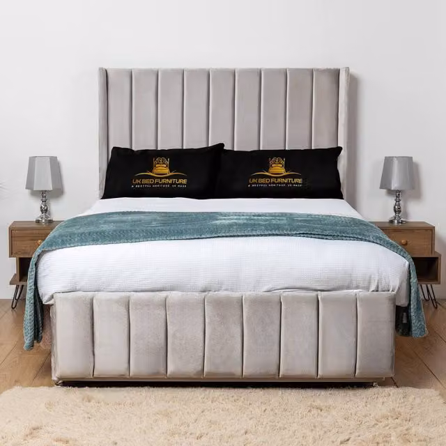 UK Bed Furniture Arizona Wingback Divan Bed Base with 54 Inch Headboard, Silver Velvet Fabric, W/D/H: 180 x 200 cm, King Size