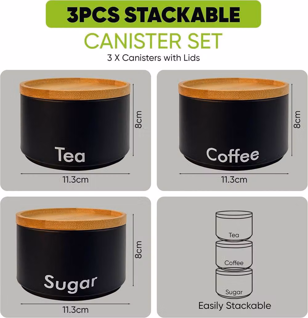 Mantraraj 3 Piece Airtight Stainless Steel Kitchen Storage Canister Set with Bamboo Wooden Lids in Black – 3