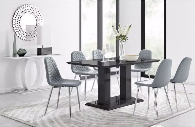 FurnitureboxUK Imperia Black Glossy Glass Rectangular Dining Table and 6 Corona Silver Leg Chairs in Grey