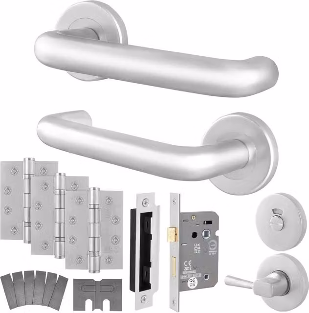 AFIT Silver Satin Aluminium Fire Rated Return to Door Handles with Bath Lock and 64mm Hinges, W/D/H: 15.0 x 150.0 x 150.0 cm
