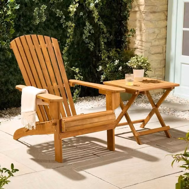 VonHaus Hudson Acacia Wood Folding Adirondack Garden Chair and Side Table Set in Brown