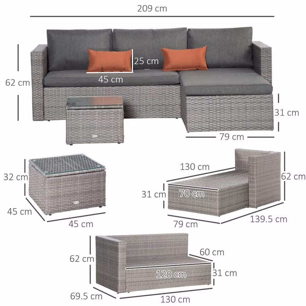 OUTSUNNY 3 Piece Grey PE Rattan Outdoor Sofa Set with Cushions and Tempered Glass Table – 3
