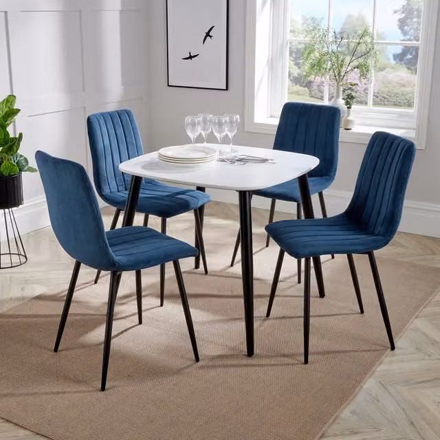 Core Products Ltd Aspen Square White Table and 4 Blue Straight Stitch Fabric Chair Set