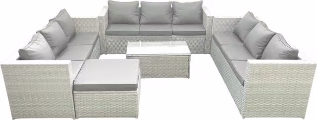Fimous 10 Seater Rattan Garden Furniture Set with Coffee Table and Large Footstool in Light Grey
