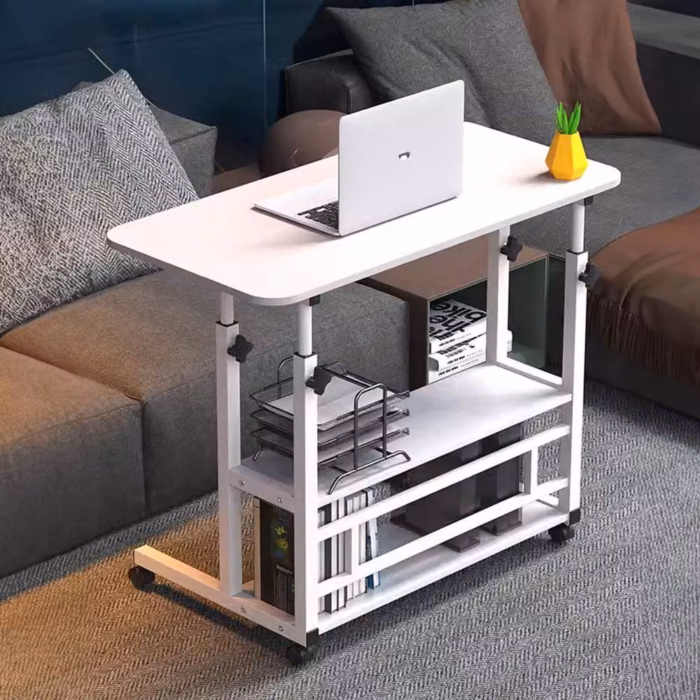 Living and Home 3-Tier Height Adjustable Mobile Overbed Desk with Shelves and Castors in White – 4