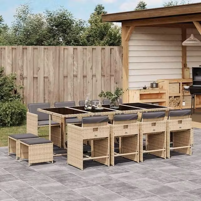 Berkfield Home 13 Piece Poly Rattan Garden Dining Set with Cushions and Glass Top in Beige