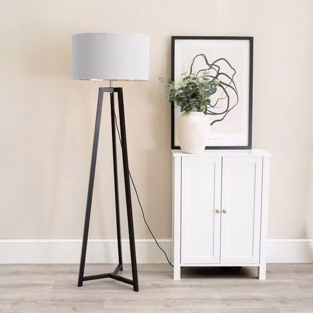 Lottie Wood Floor Lamp with Metallic Shade in Grey