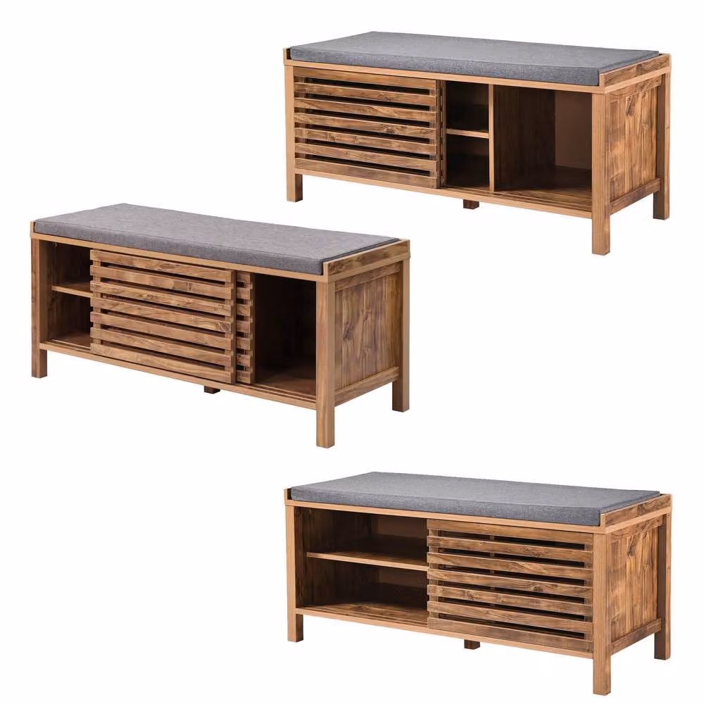CALICOSY LIAM Shoe Bench with 2 Sliding Doors and Openwork Slats, Brown, W: 112 cm, D: 43.5 cm, H: 51 cm – 4