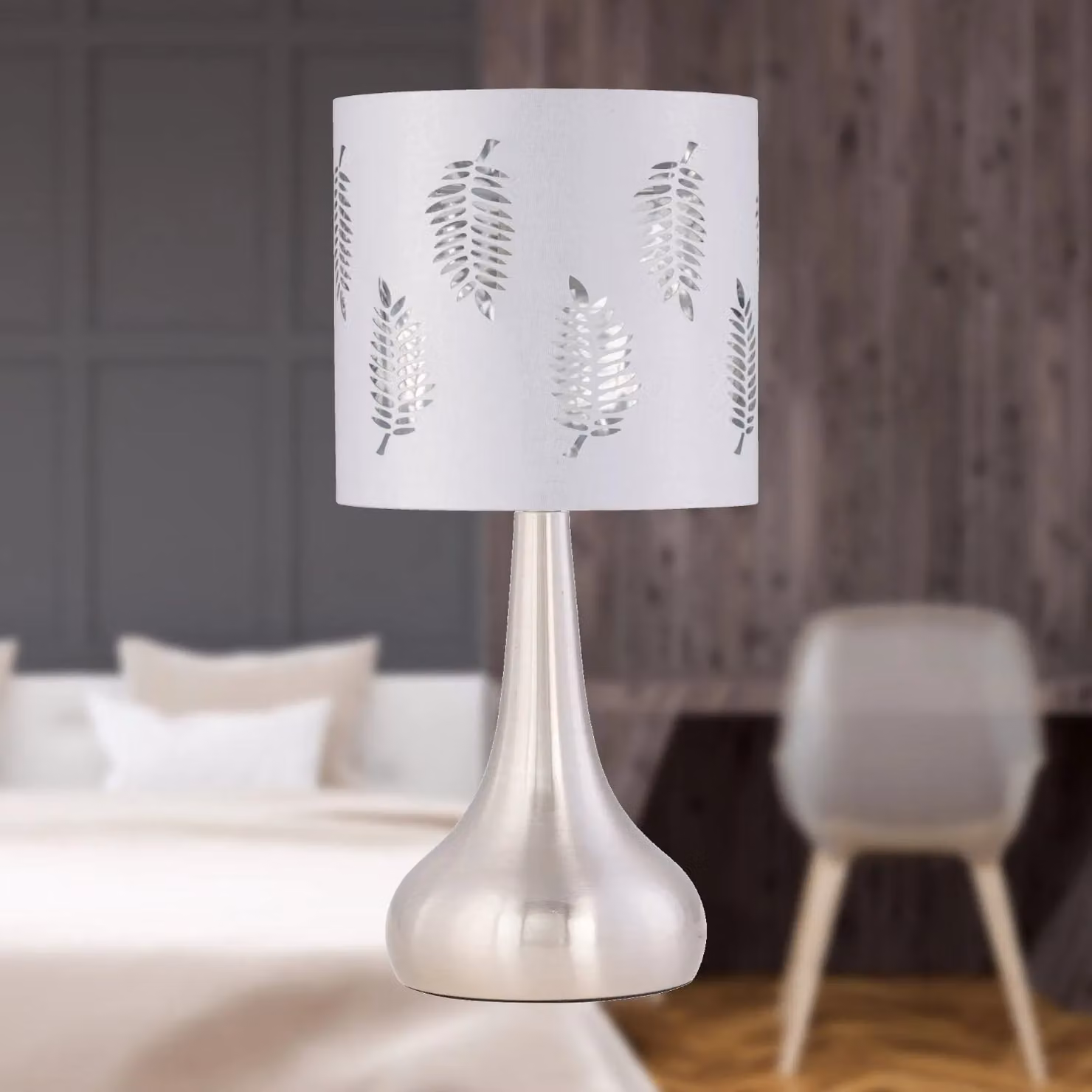 First Choice Lighting Romana Touch Table Lamp in Brushed Chrome with White Fabric Shade – 3