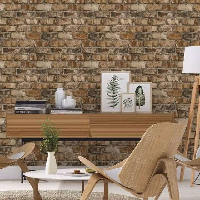 Rasch Clayton Rustic Industrial Brick Self Adhesive Peel and Stick Textured Wallpaper in Brown and Beige Matt