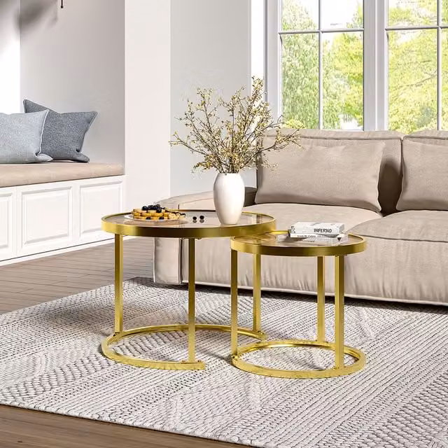 Livingandhome Set of 2 Round Glass Nesting Tables with Gold Steel Legs