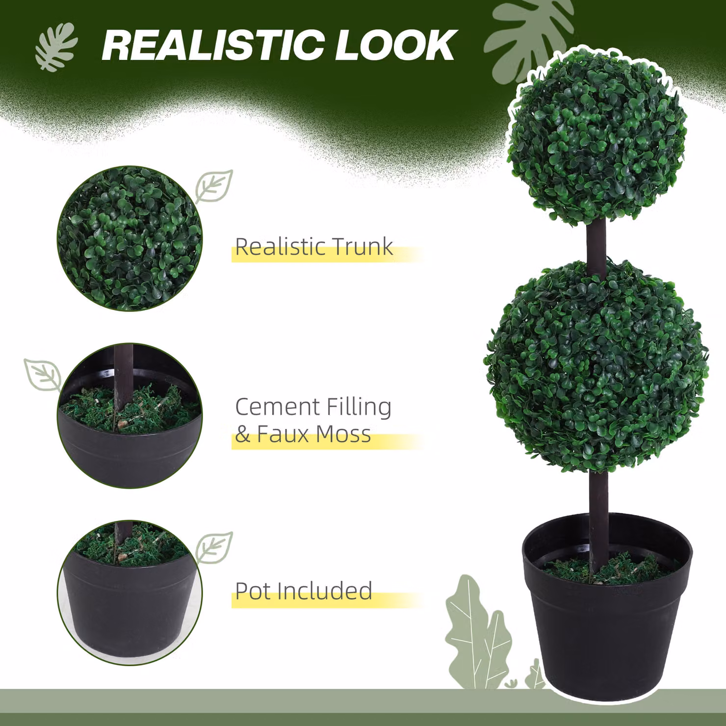 Outsunny Set of 2 Green Artificial Boxwood Ball Topiary Trees in Black Pots, Height: 67 cm – 4